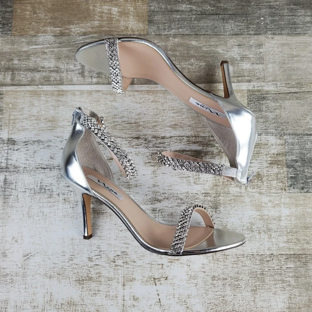 Nina Vauna Womens Sandals Sz 11 M Silver Rhinestone Ankle Strap Zip Kitten Heel
